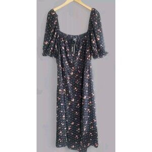 City Chic Midi Milkmaid Dress Black Floral Puff Sleeve Shirred Back Size XL NWT